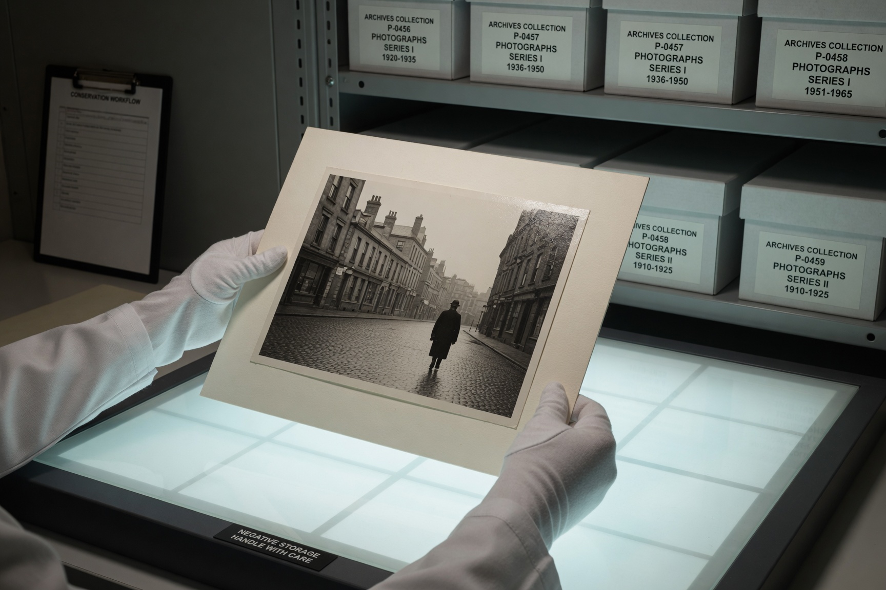 An archivist in gloves handling a mounted black-and-white photograph over a light table, with labelled storage boxes in the background.