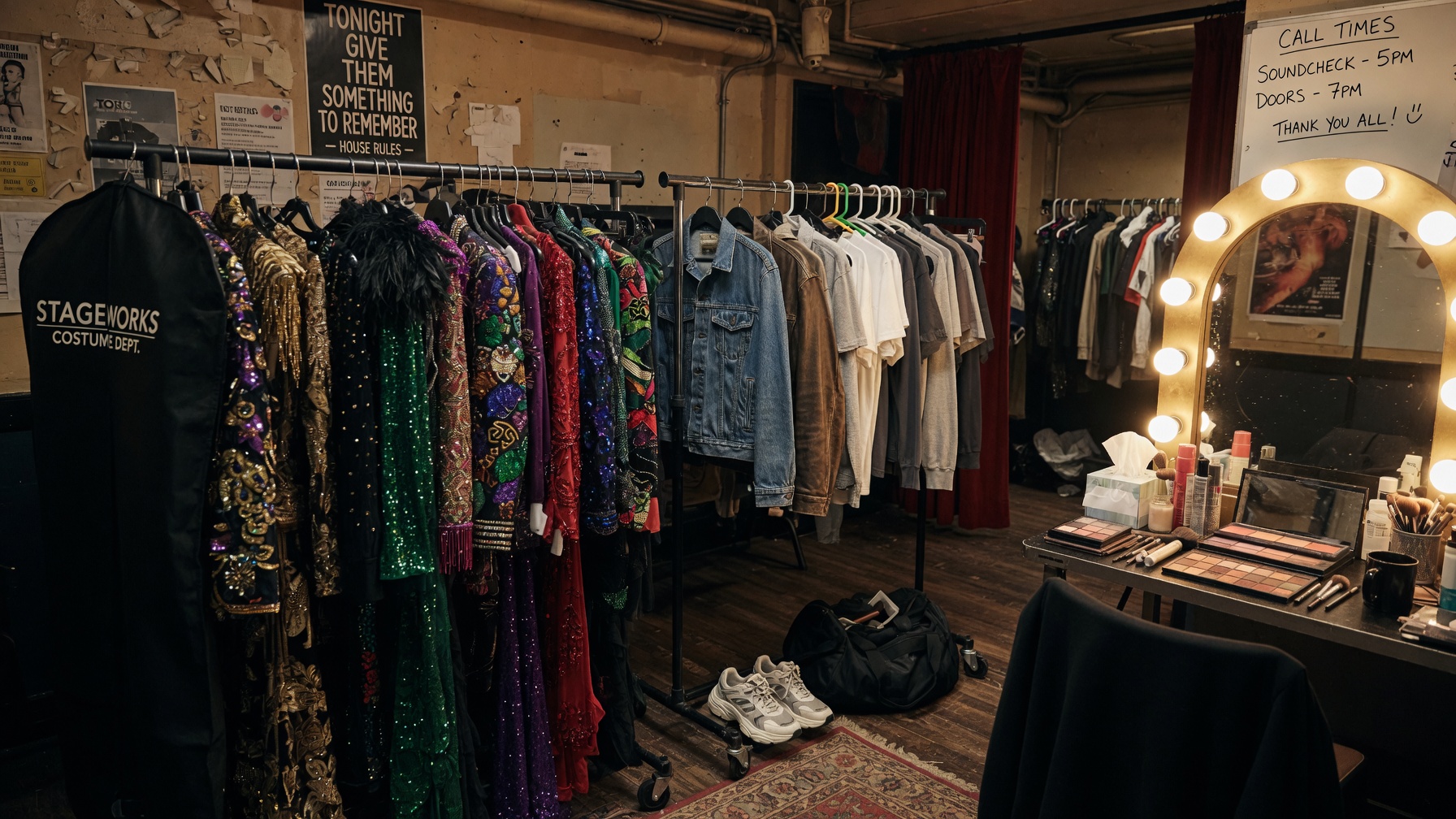 A backstage dressing area showing two clothing racks - elaborate stage costumes alongside casual everyday streetwear - highlighting the dual wardrobe system in performance industries.