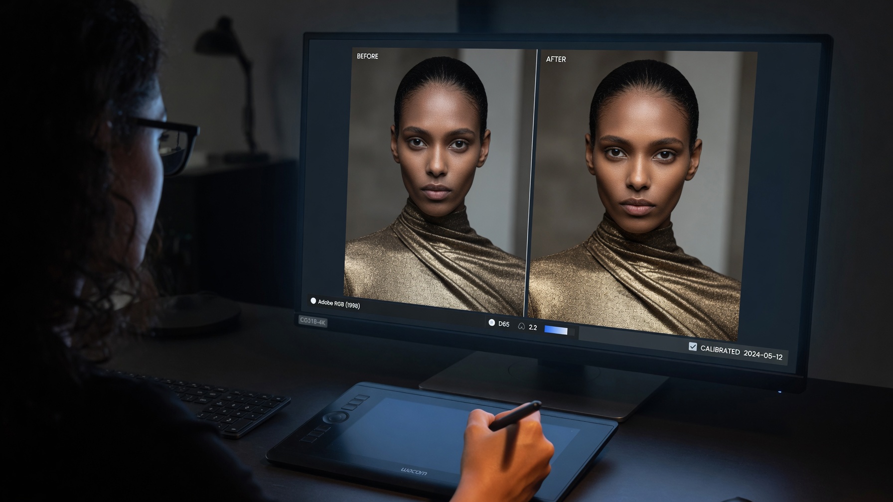 A photo retoucher working on a fashion portrait at a calibrated monitor, with a graphics tablet on the desk.