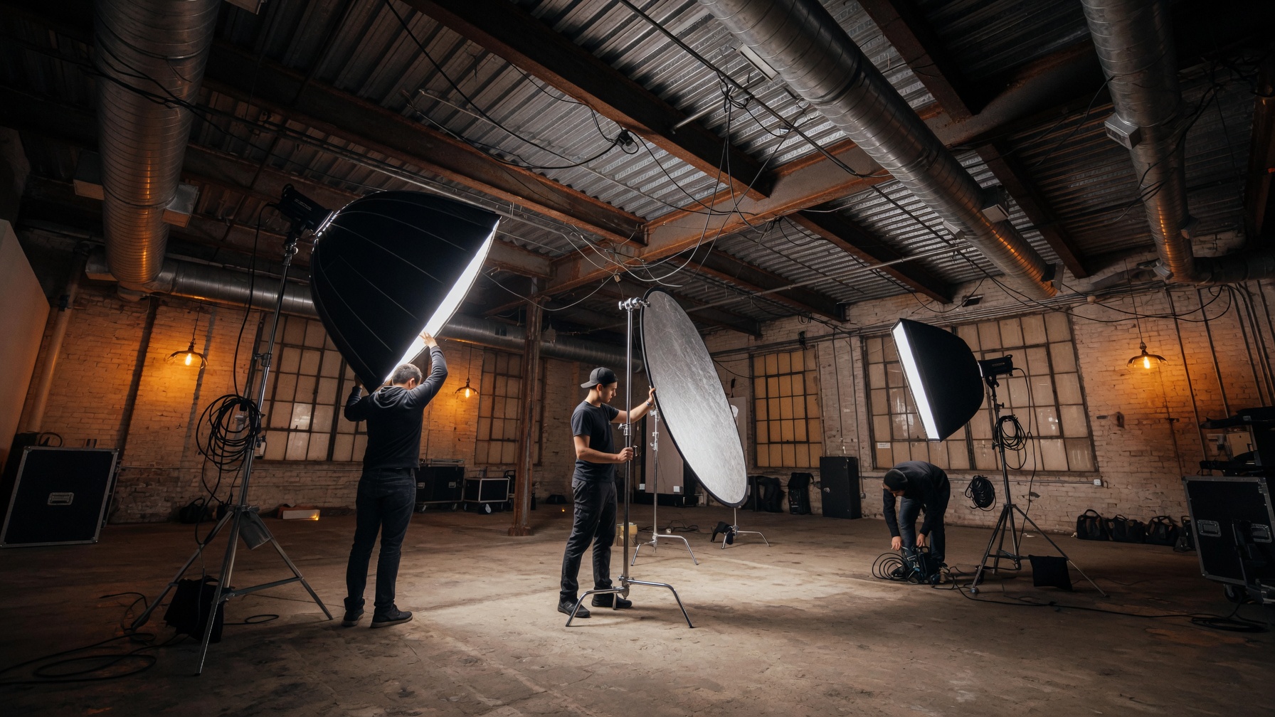 Professional photography studio during production set-up, with crew adjusting lighting equipment before a shoot.