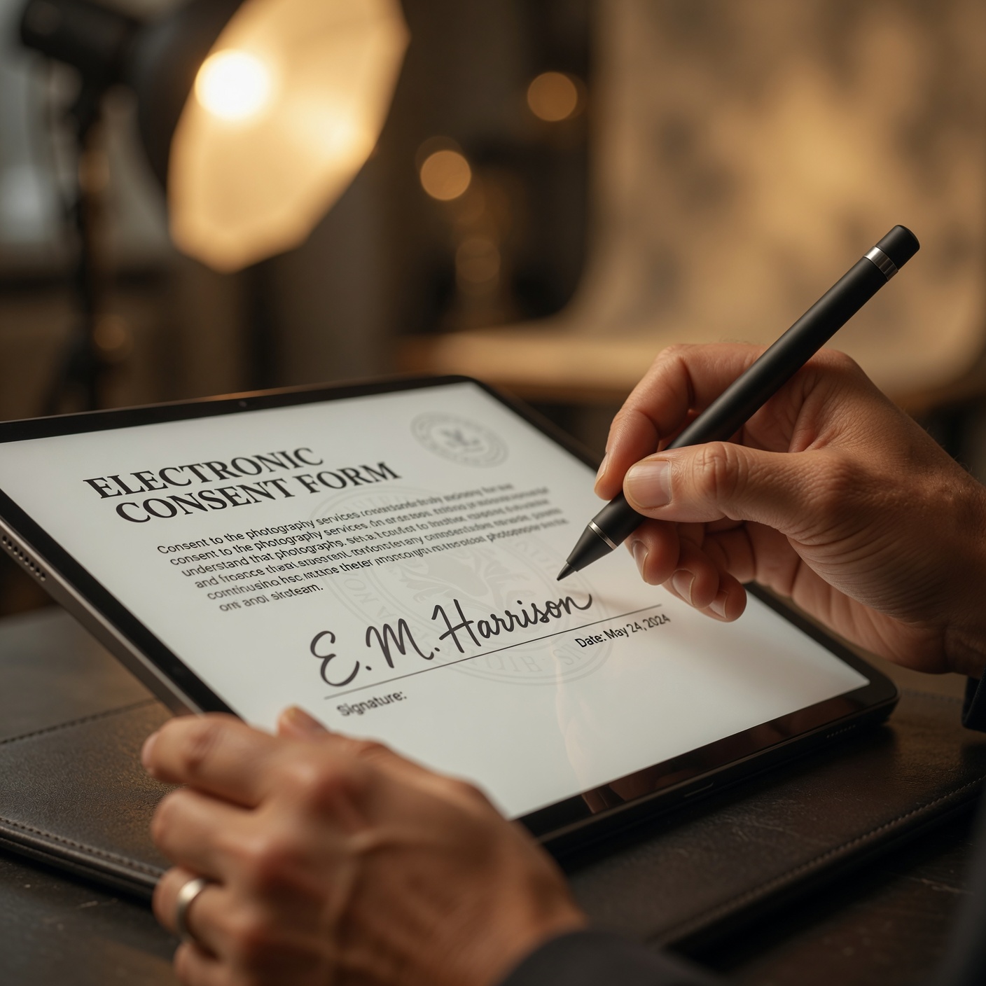 Hands signing an electronic consent form on a tablet with a stylus in a photography studio.
