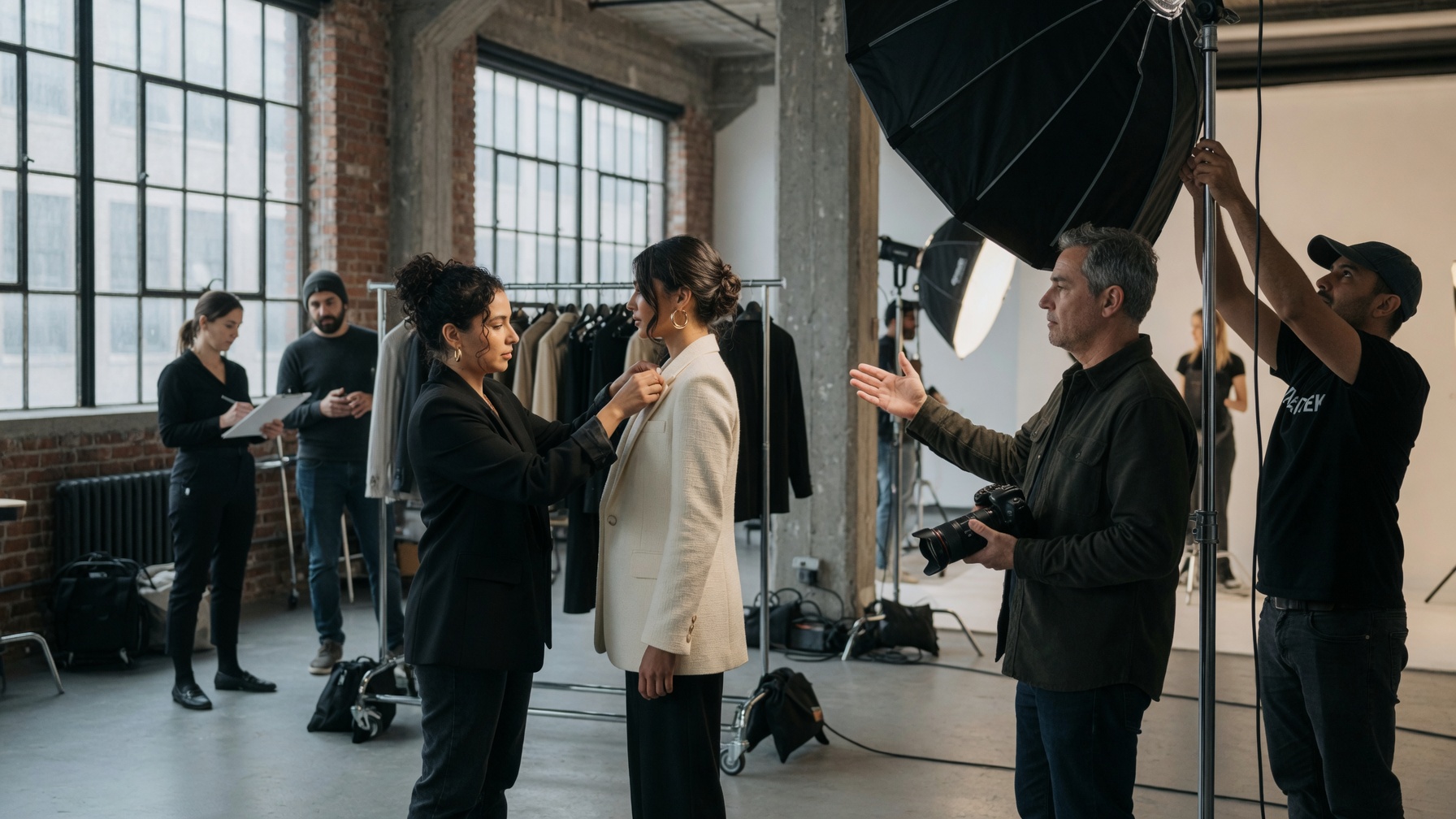 A professional photography crew - stylist, photographer and lighting assistant - collaborating on set during an editorial production.