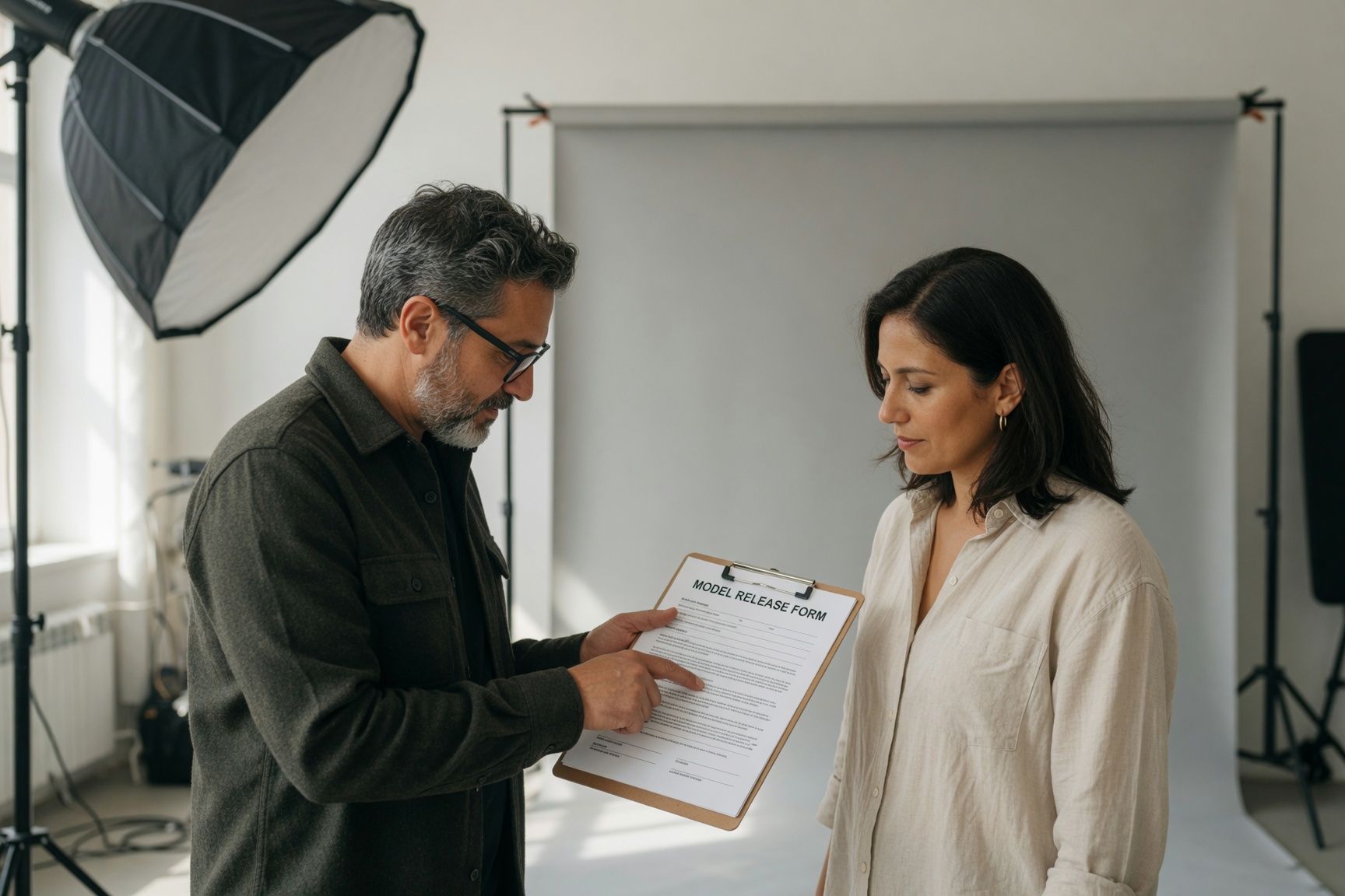 A photographer reviews a model release form on a clipboard with a subject before a studio session.