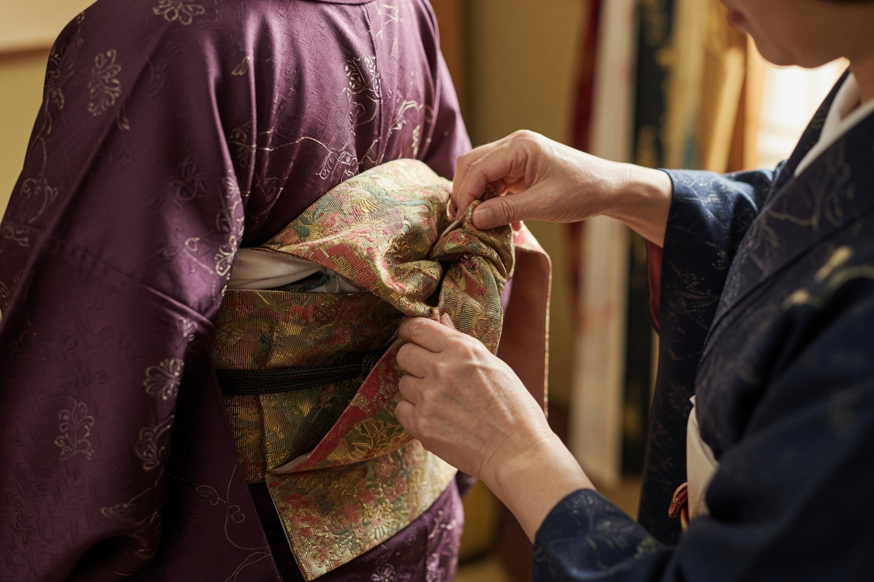 Hands of a professional kimono dresser carefully tying the taiko musubi obi knot on a client's kimono.