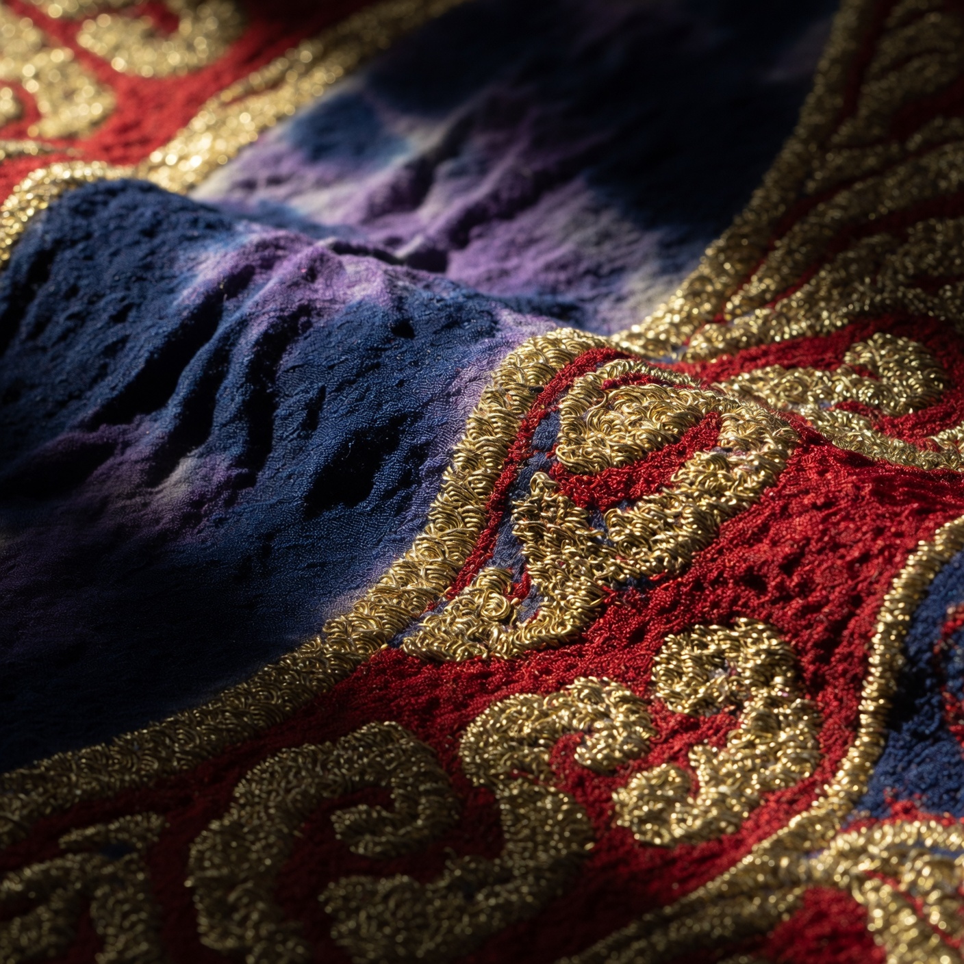 Close-up detail of Japanese kimono fabric showing the raised texture of brocade weaving with gold thread under directional light.