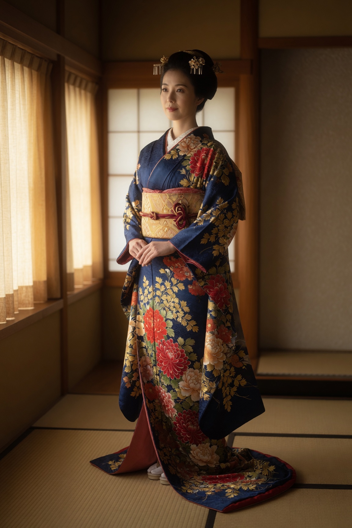 Woman in a formal furisode kimono with hand-painted floral motifs, standing in soft natural light in a traditional Japanese interior.