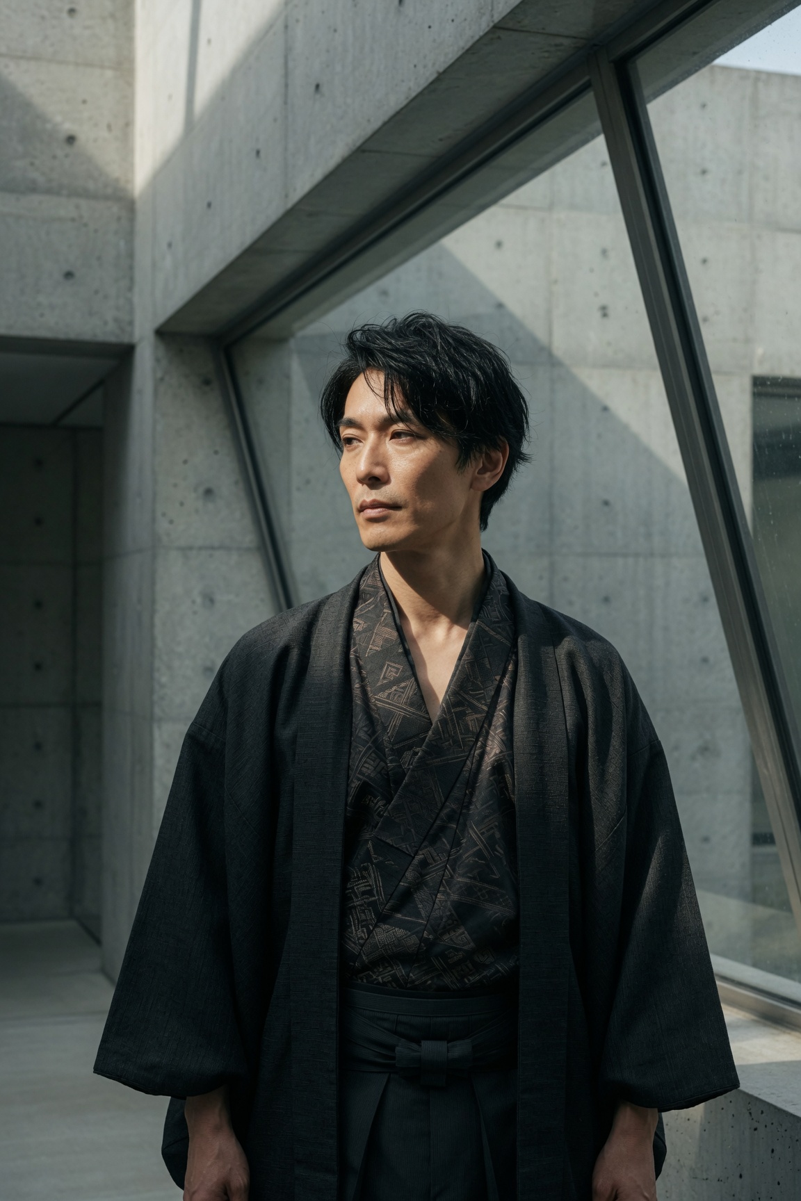 Editorial portrait of a man in a men's kimono and haori set against modern concrete architecture, blending traditional dress with contemporary geometry.