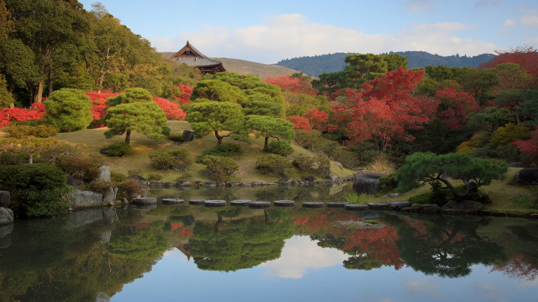 The stroll garden of Isuien in Nara, a pond with stepping stones and the roof of Todai-ji and the mountains beyond as borrowed scenery, in autumn colour.