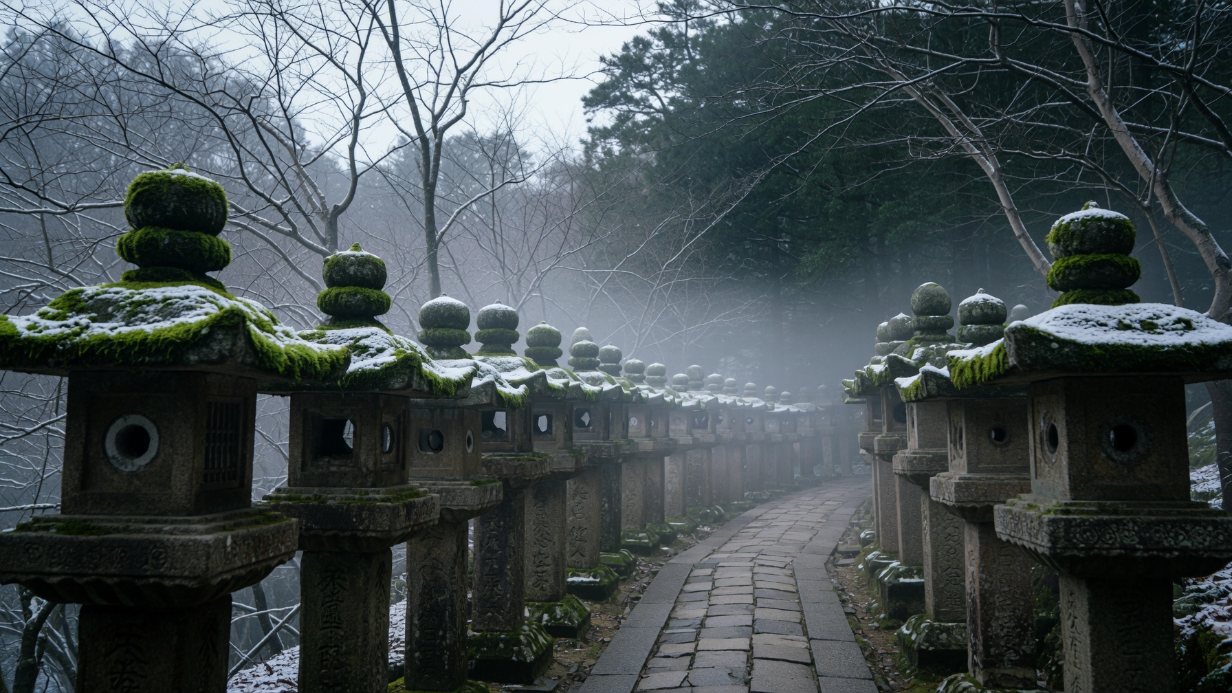 Moss-covered stone lanterns lining the misty winter approach to Kasuga Taisha shrine in Nara.