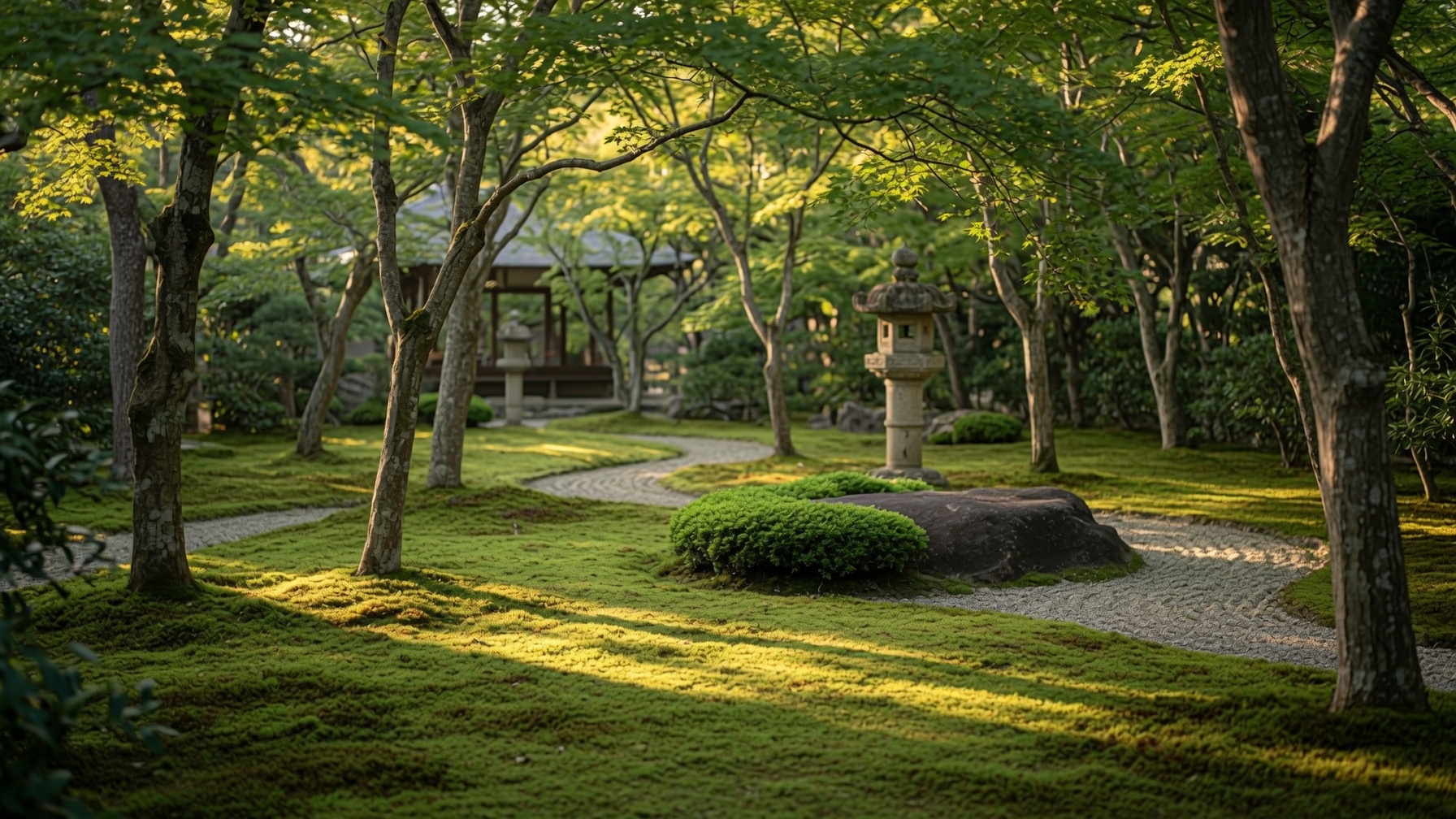 The moss garden of Yoshikien in Nara, dense green moss between slender trees with a stone lantern in dappled light.