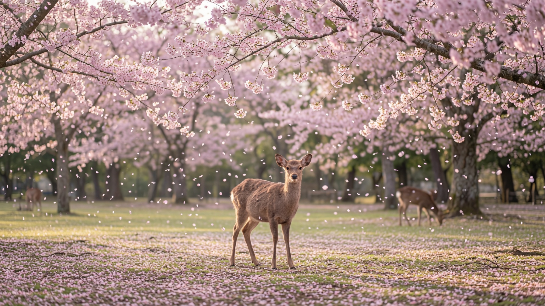 A sika deer beneath cherry blossom in full bloom at Nara Park, pink petals drifting through the air.