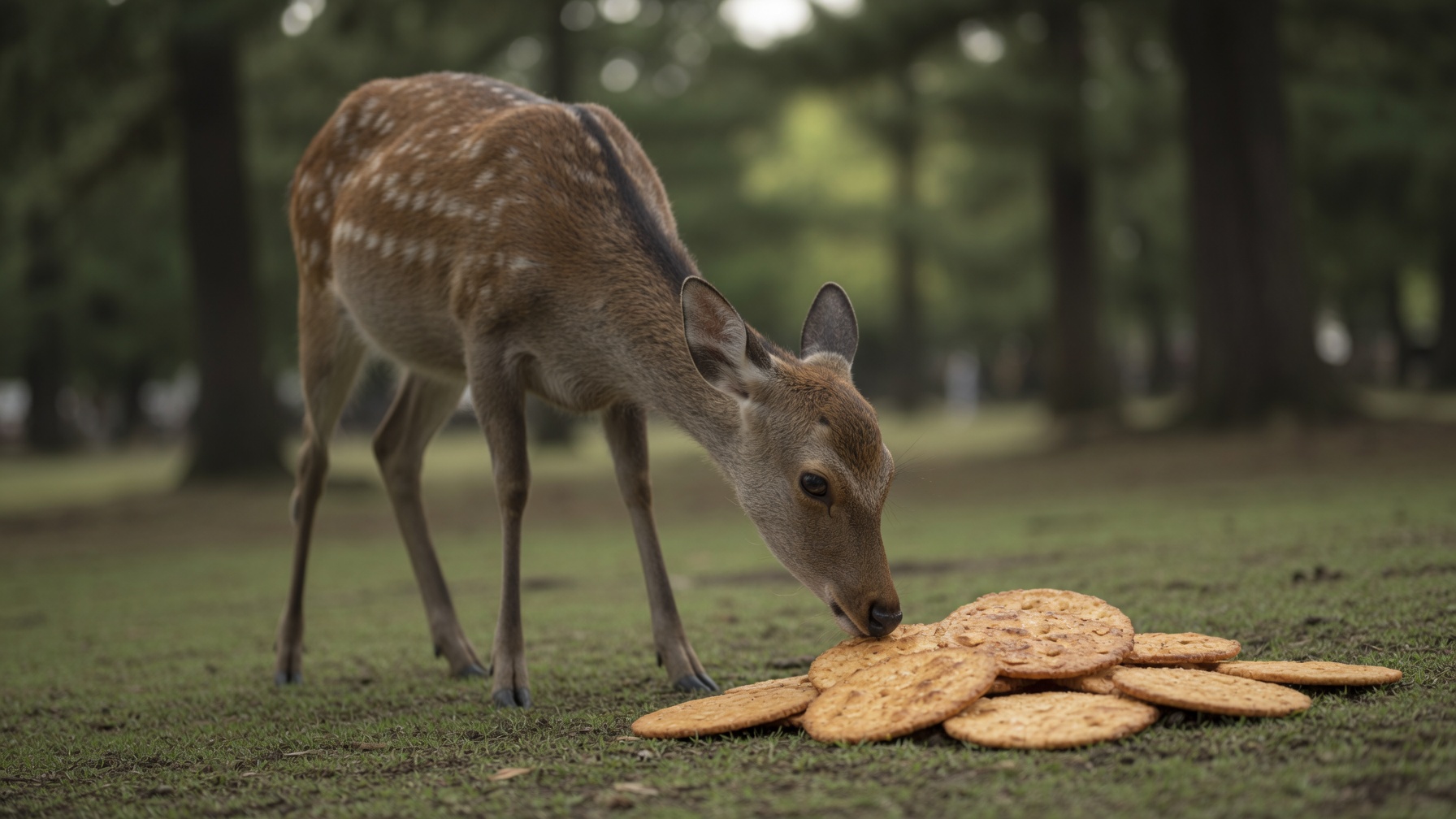 A sika deer in Nara Park eating shika senbei crackers, photographed from a respectful distance.